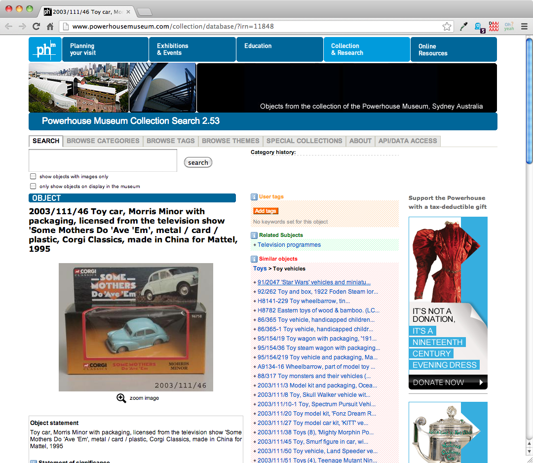 Figure 1: Screenshot of a Sample Object on the Powerhouse Museum Website