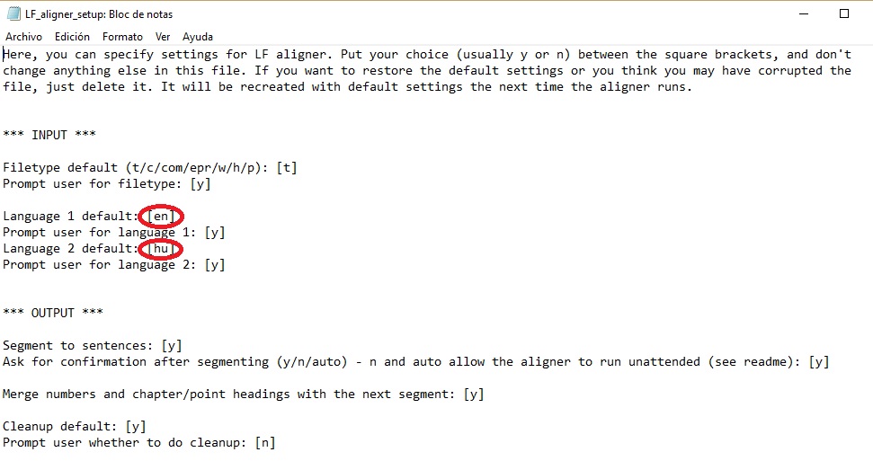 Configuración por defecto: inglés y húngaro