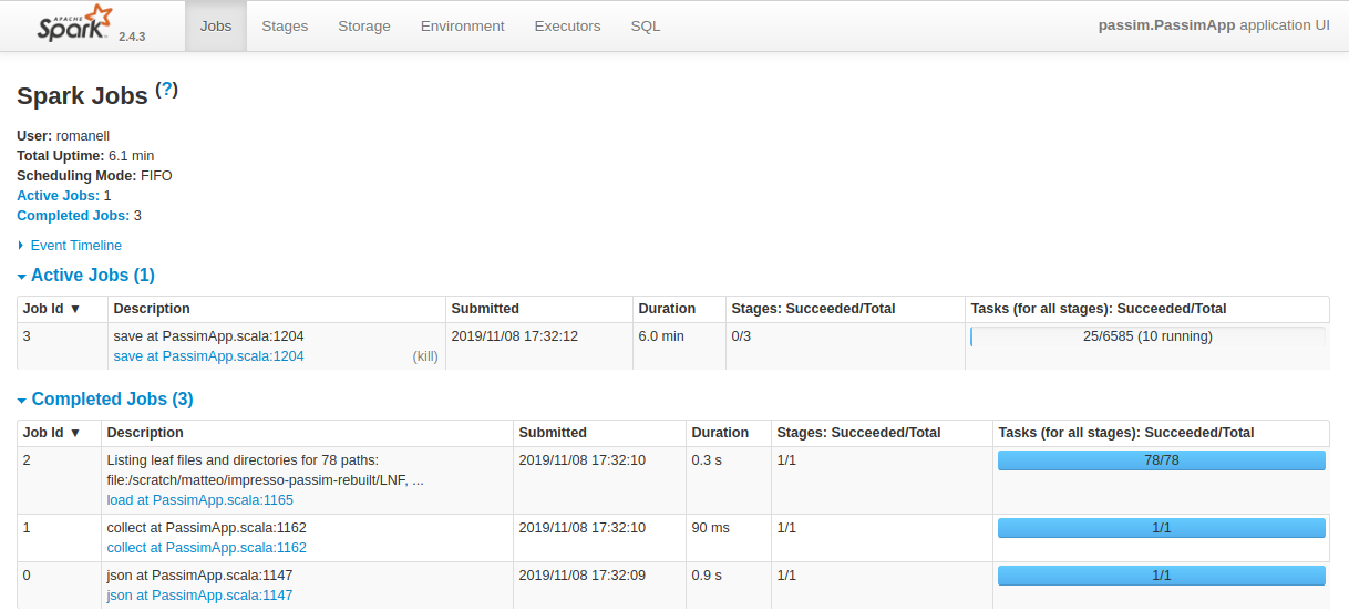 Figure 2. Screenshot of the Spark dashboard while running Passim.