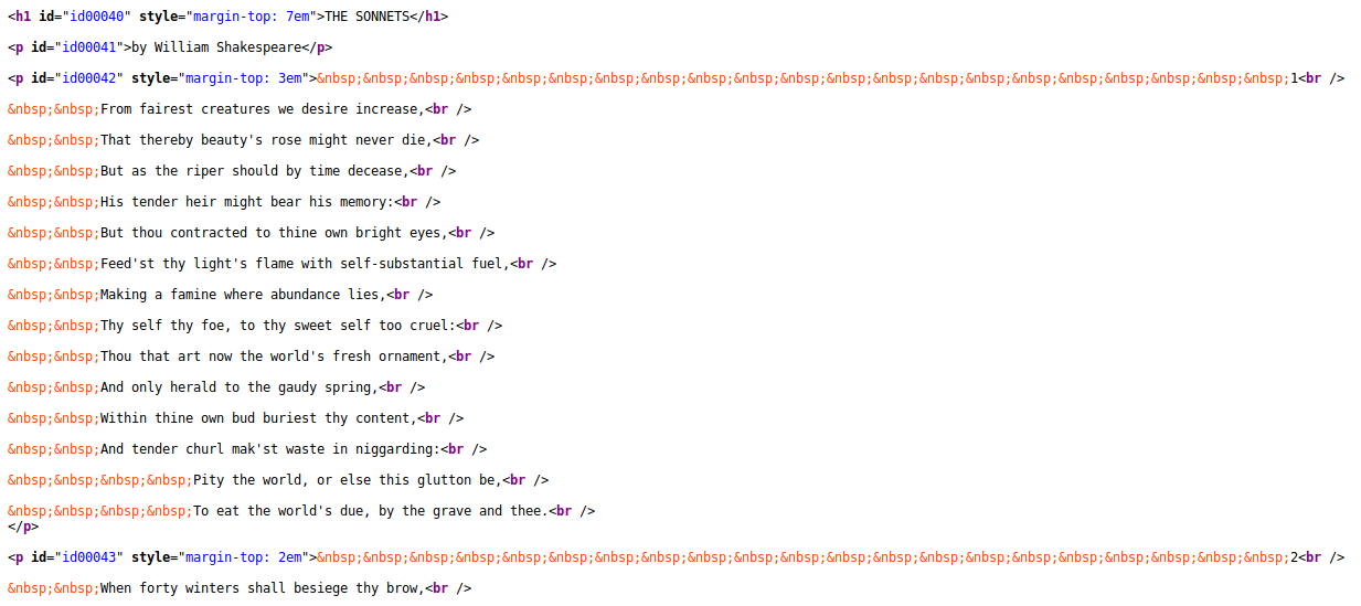 Each sonnet is a \<p\> with lines separated by \<br /\>