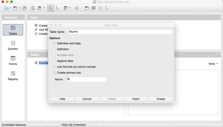 Figure 6: Copying a table into LibreOffice Base