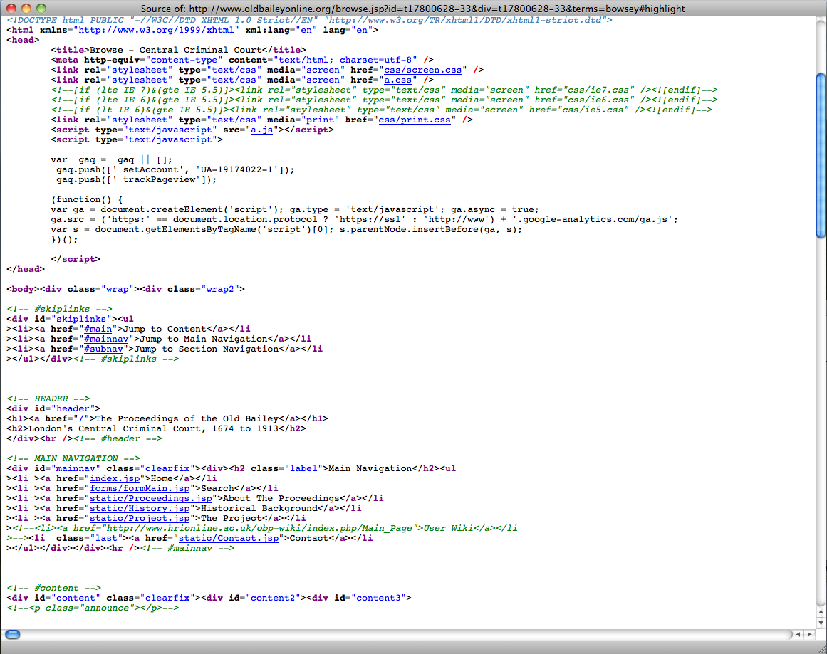 Code HTML de Old Bailey Online